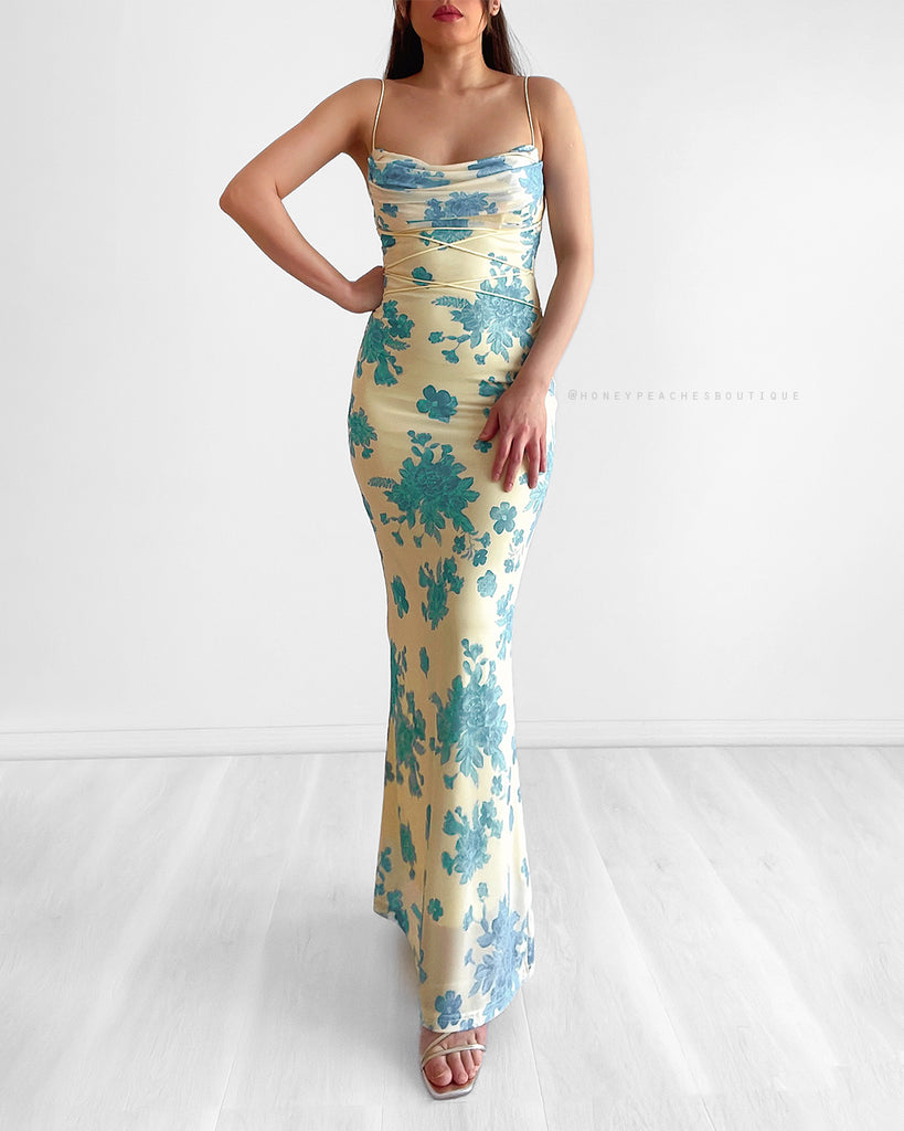 Christina Mesh Bodycon Maxi Dress - Yellow/Blue Floral