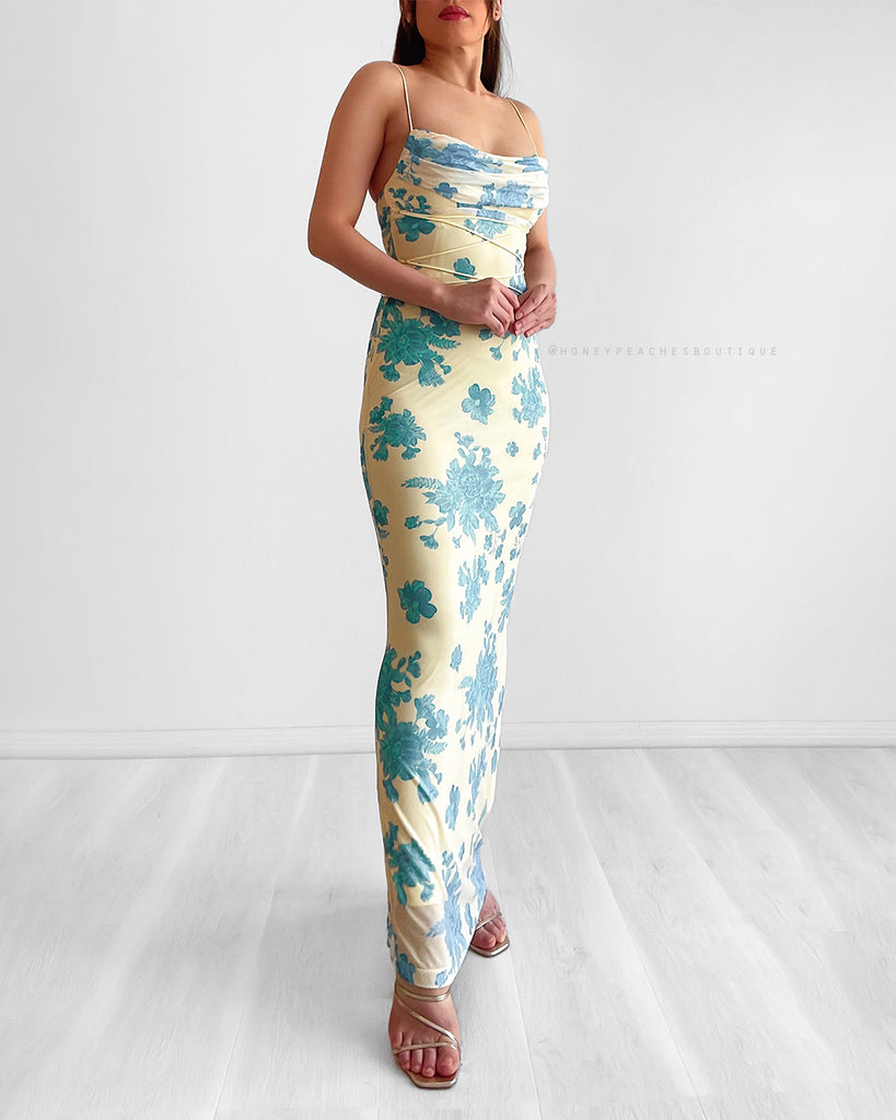 Christina Mesh Bodycon Maxi Dress - Yellow/Blue Floral