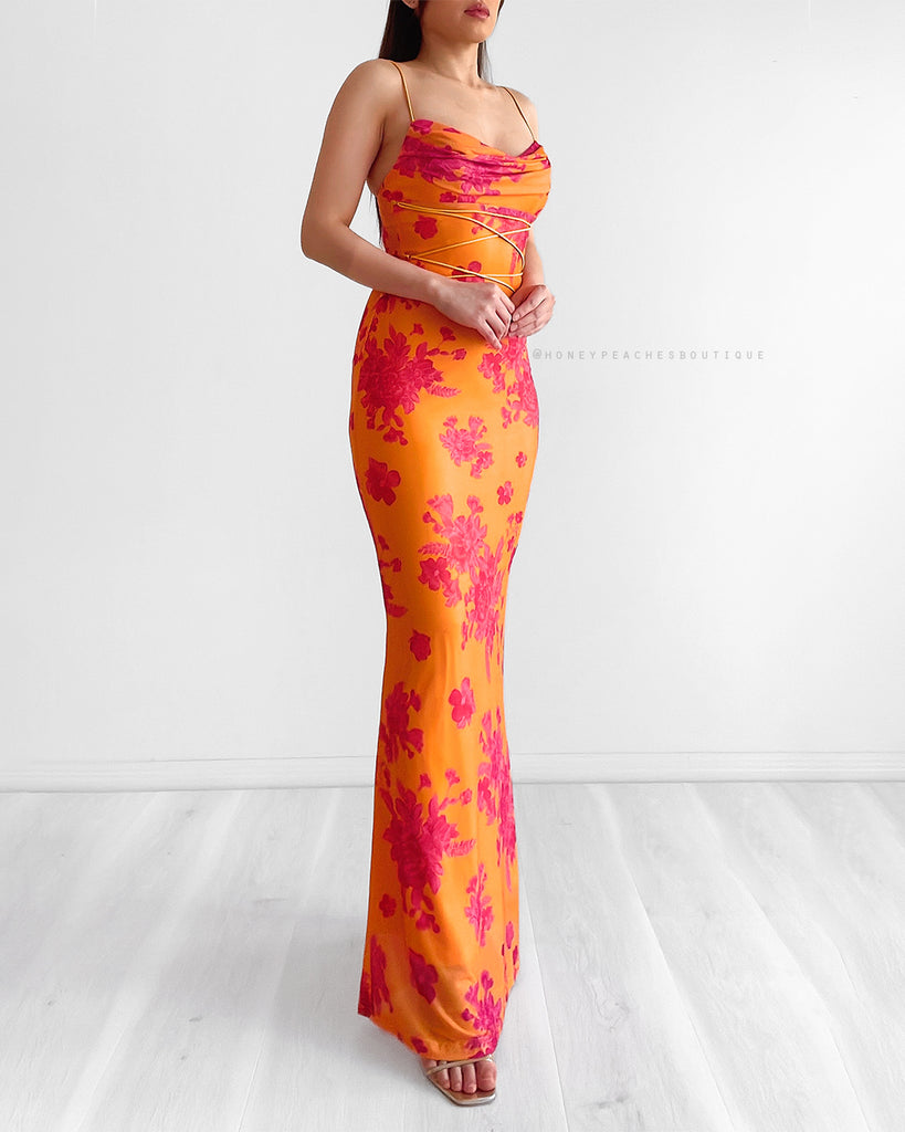 Christina Mesh Bodycon Maxi Dress - Orange/Hot Pink Floral
