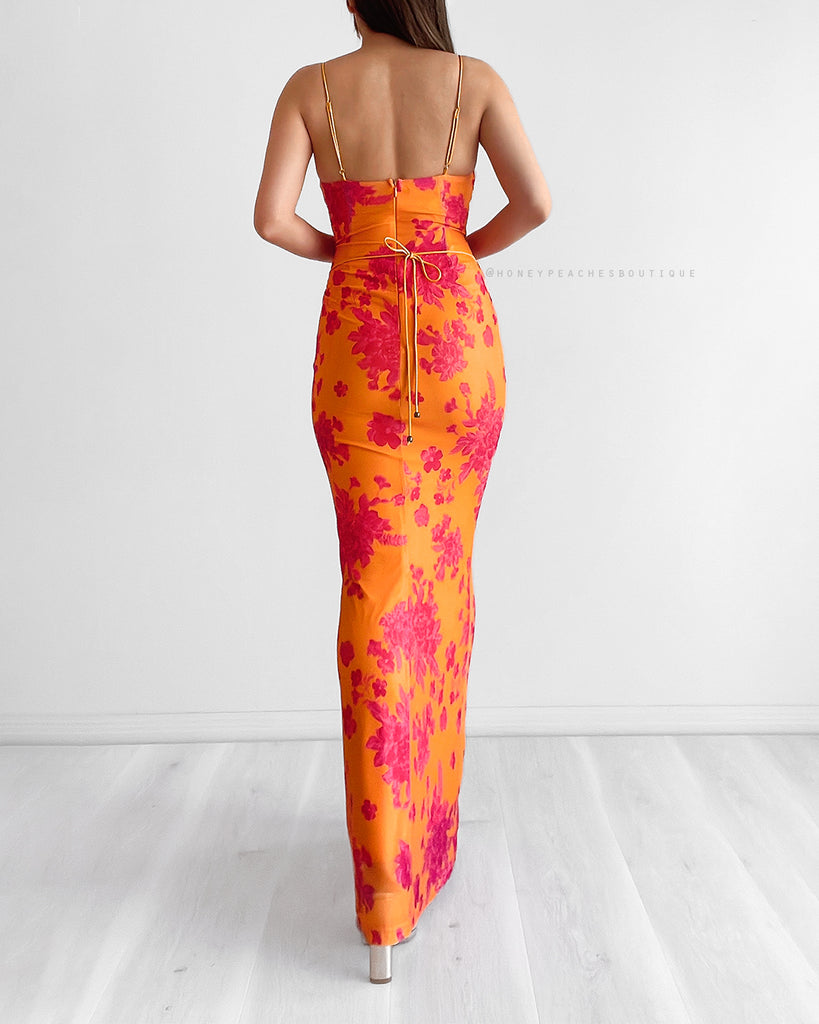Christina Mesh Bodycon Maxi Dress - Orange/Hot Pink Floral