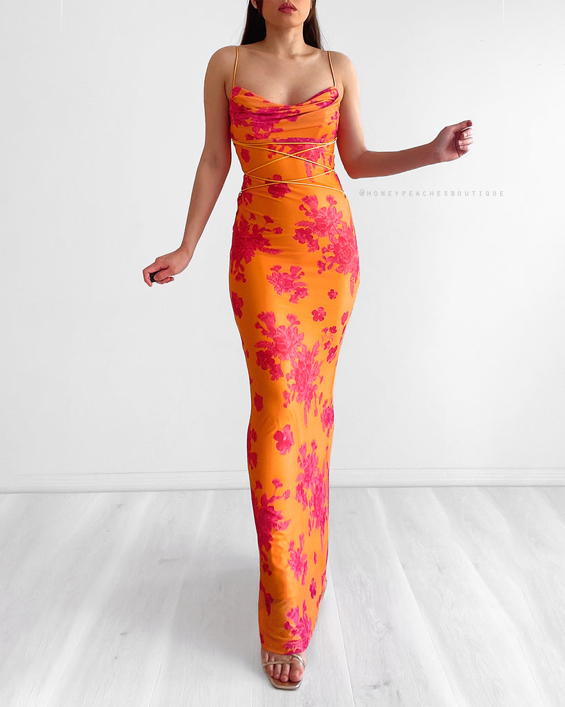 Christina Mesh Bodycon Maxi Dress - Orange/Hot Pink Floral