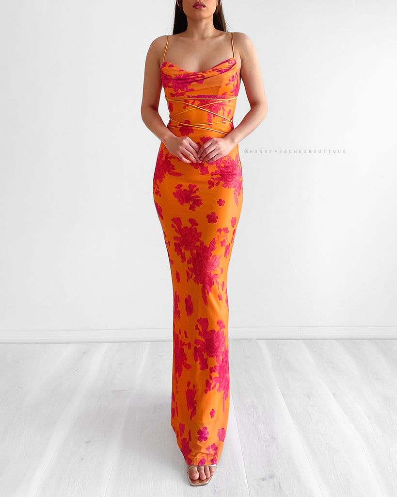 Christina Mesh Bodycon Maxi Dress - Orange/Hot Pink Floral
