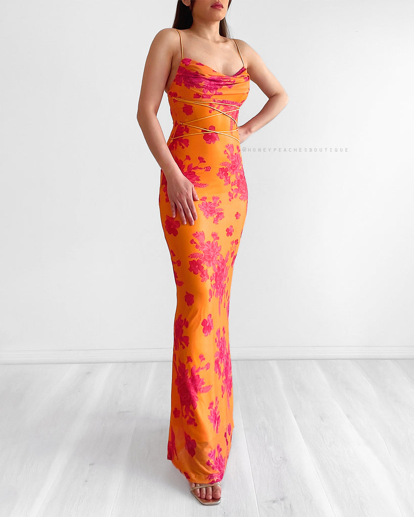 Christina Mesh Bodycon Maxi Dress - Orange/Hot Pink Floral
