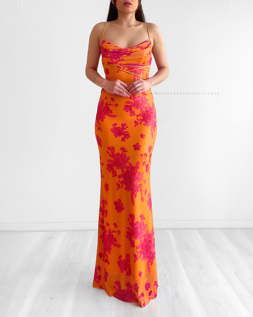 Christina Mesh Bodycon Maxi Dress - Orange/Hot Pink Floral