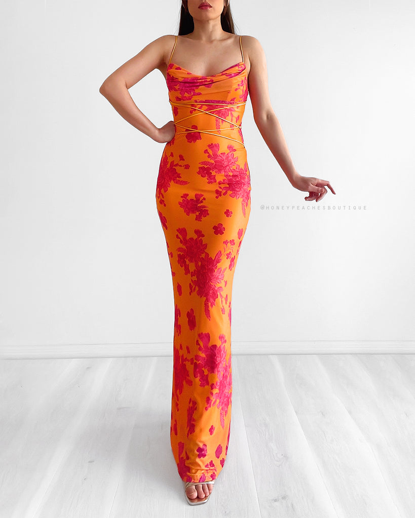 Christina Mesh Bodycon Maxi Dress - Orange/Hot Pink Floral