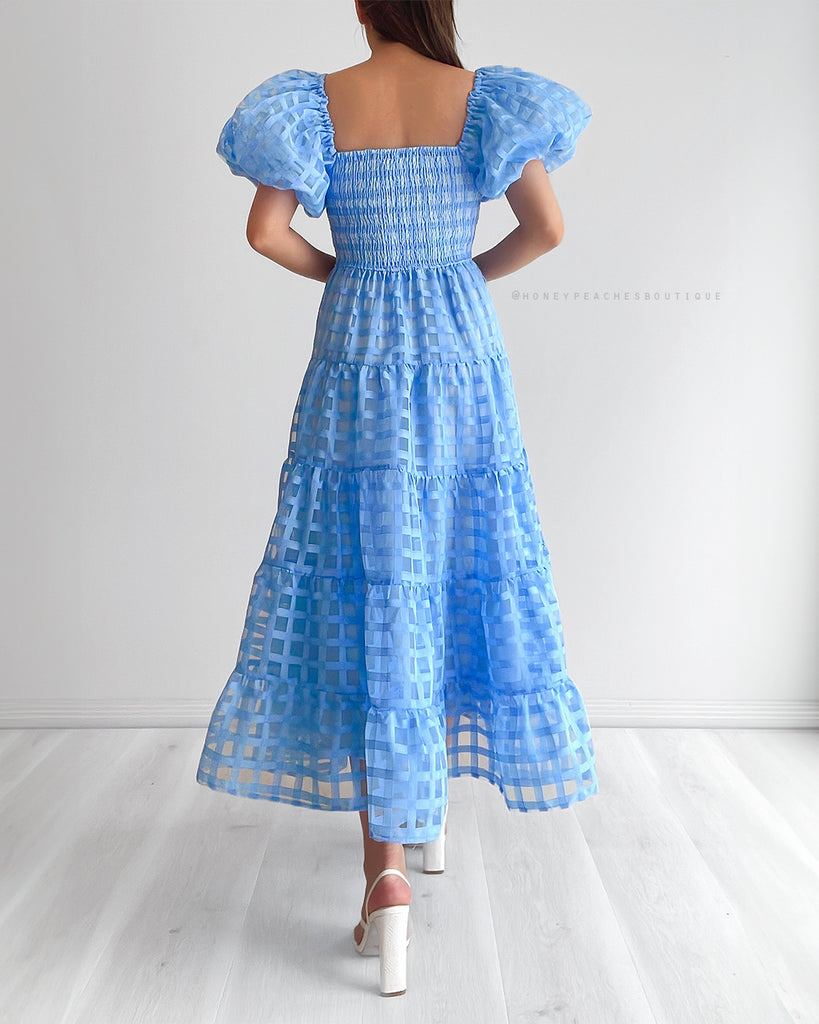 Marie Puff Sleeve Midi Dress - Blue Check