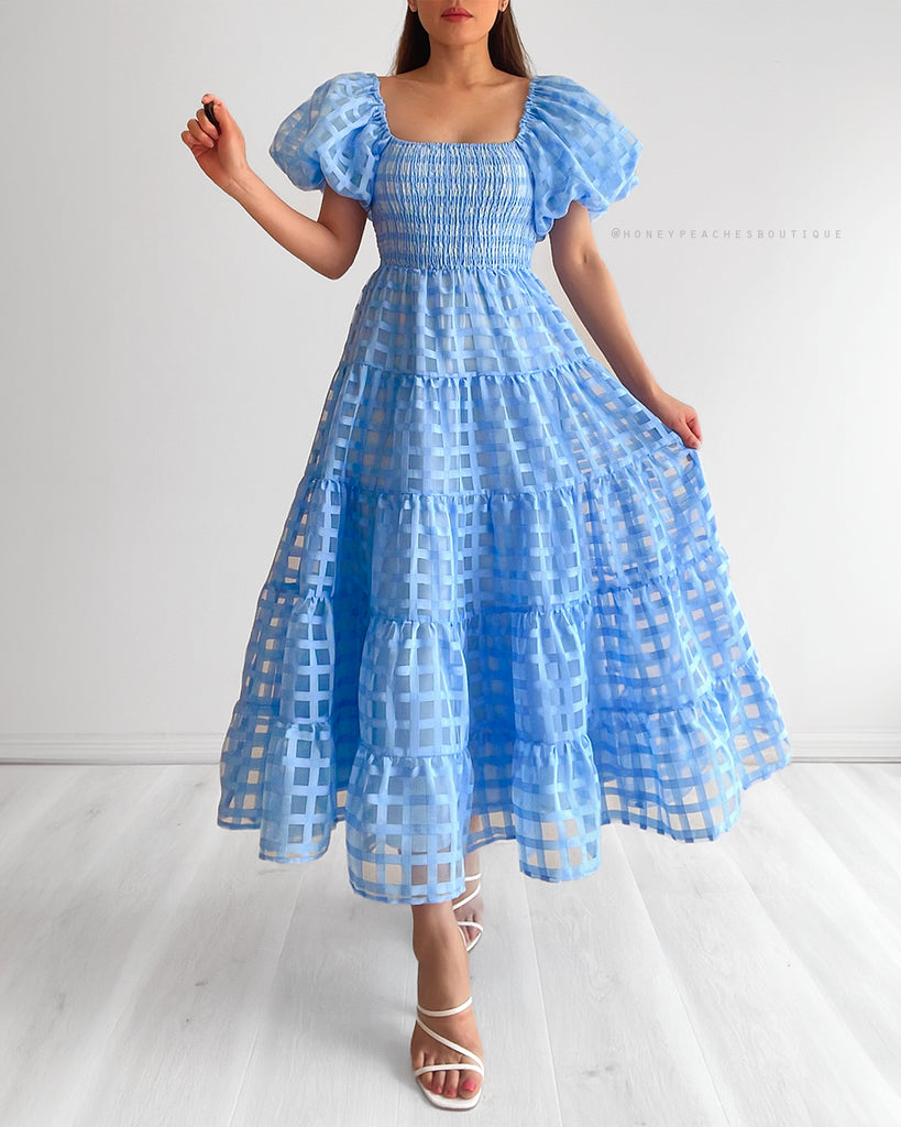 Marie Puff Sleeve Midi Dress - Blue Check