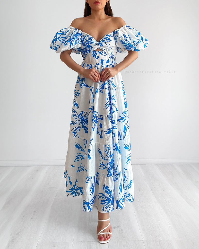 Kalina Puff Sleeve Midi Dress - White/Blue Floral
