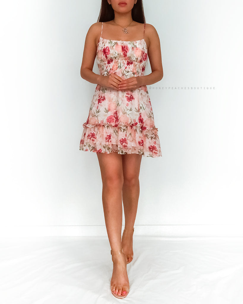 Lucy Babydoll Mini Dress - White Floral Print