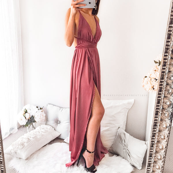 white christmas dresses Pink Velvet Crystal Gown – Shanti Formal Dress main image 0