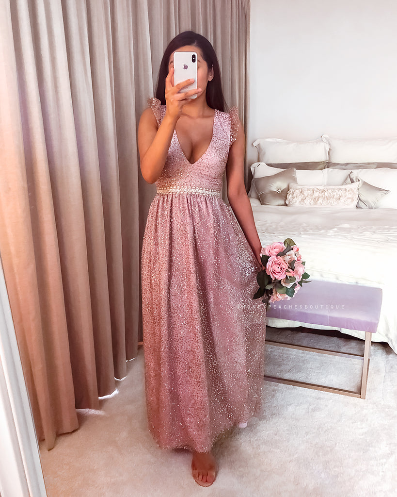 Abigail Glitter Maxi Dress - Rose Gold