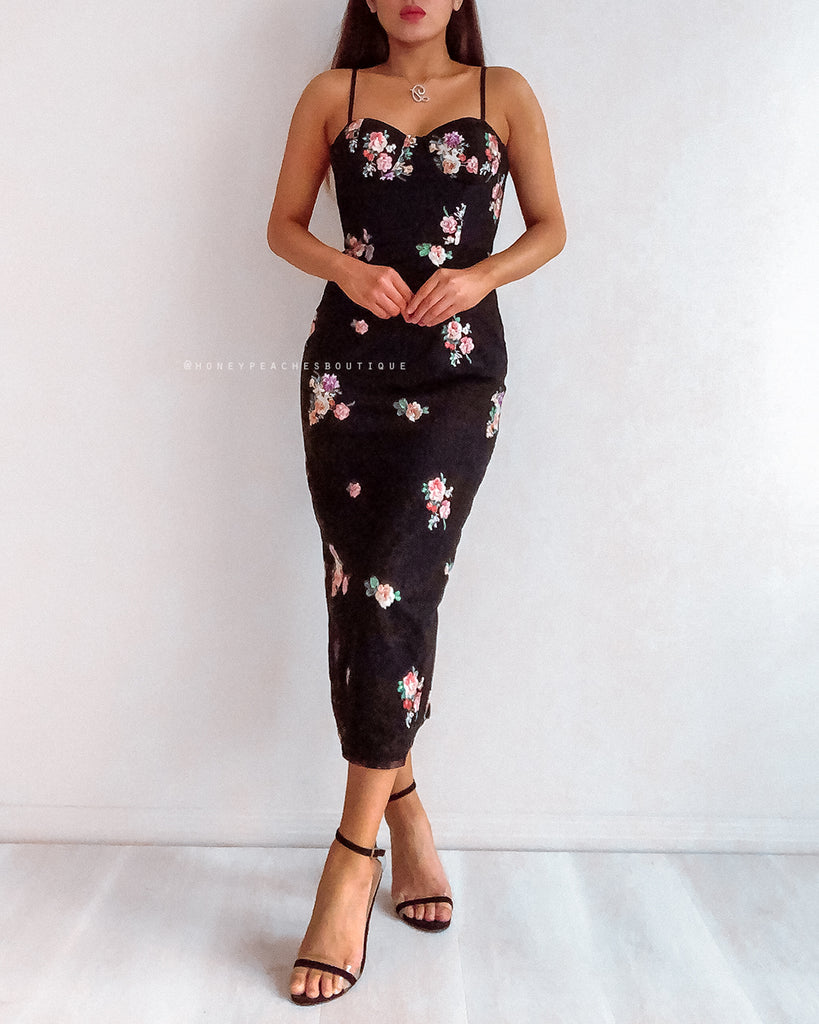 Ivana Midi Dress - Black Floral