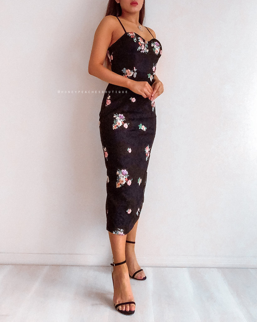 Ivana Midi Dress - Black Floral