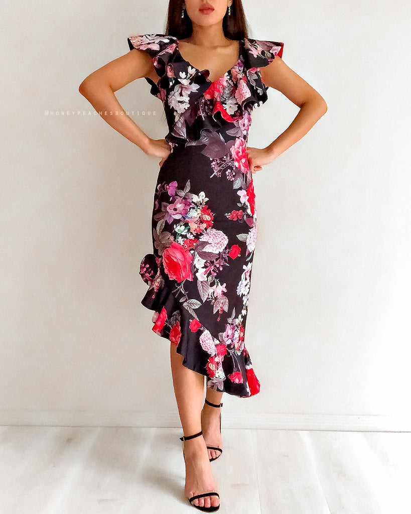 Alessandra Midi Dress - Black Floral