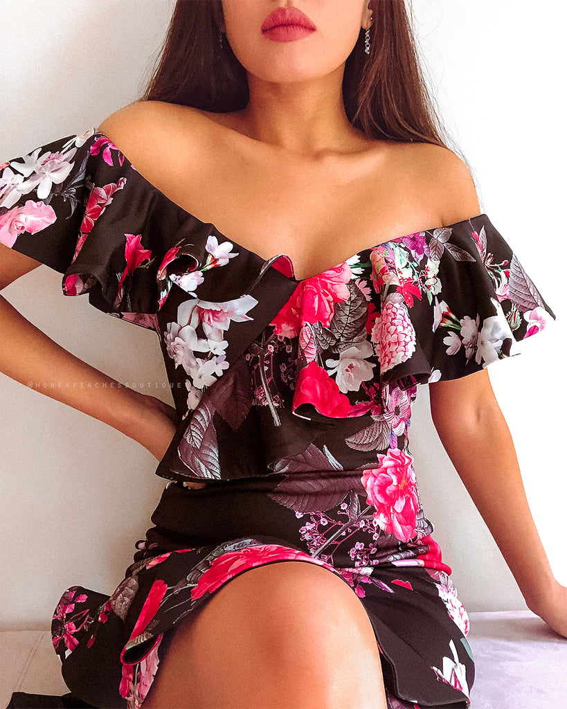 Alessandra Midi Dress - Black Floral