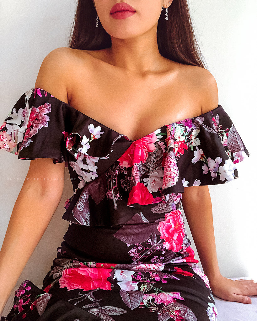 Alessandra Midi Dress - Black Floral