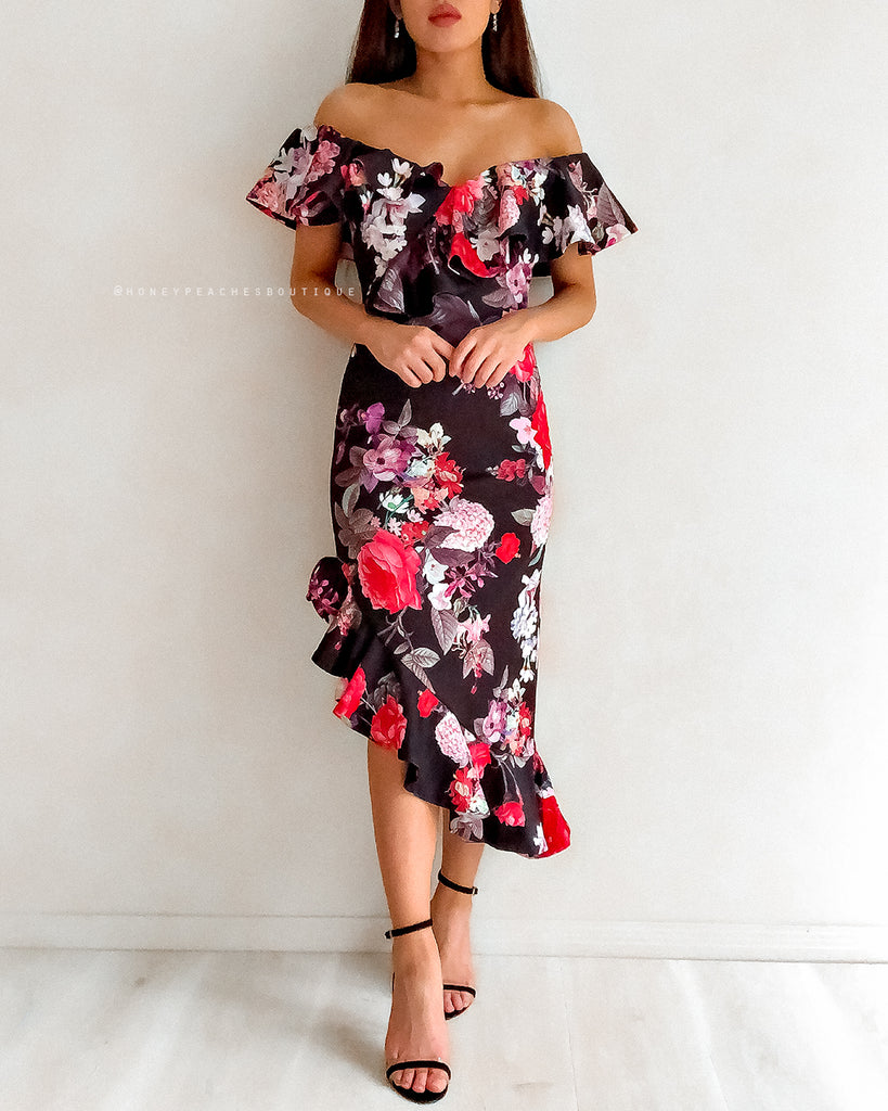 Alessandra Midi Dress - Black Floral