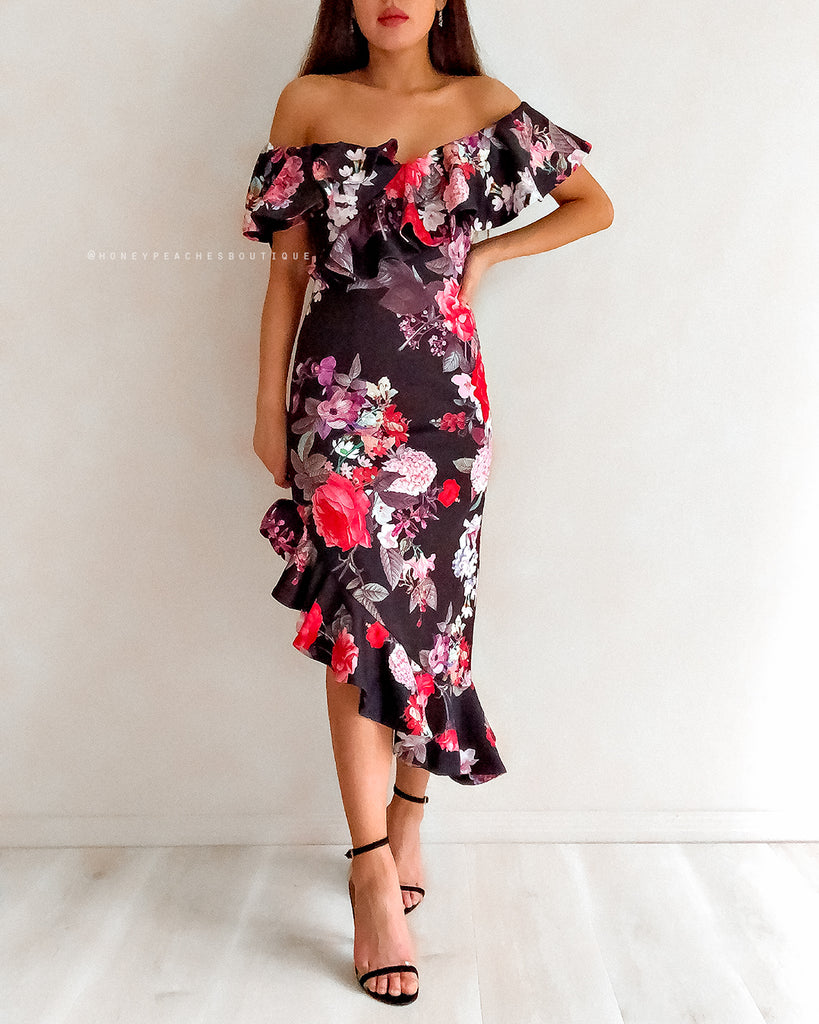 Alessandra Midi Dress - Black Floral