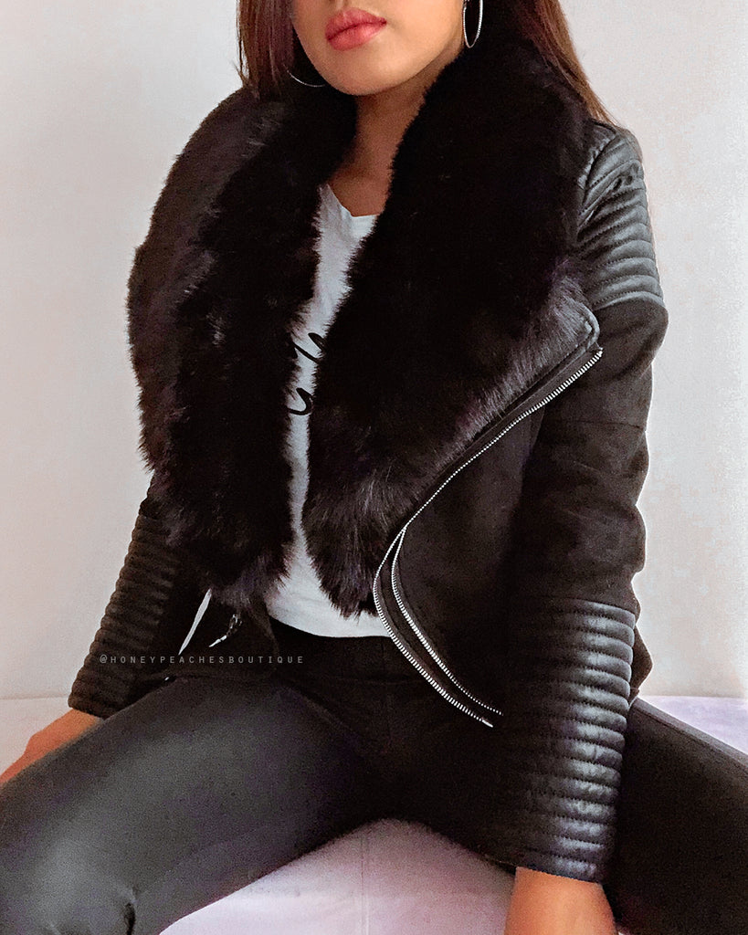 Bessy Fur Biker Jacket - Black