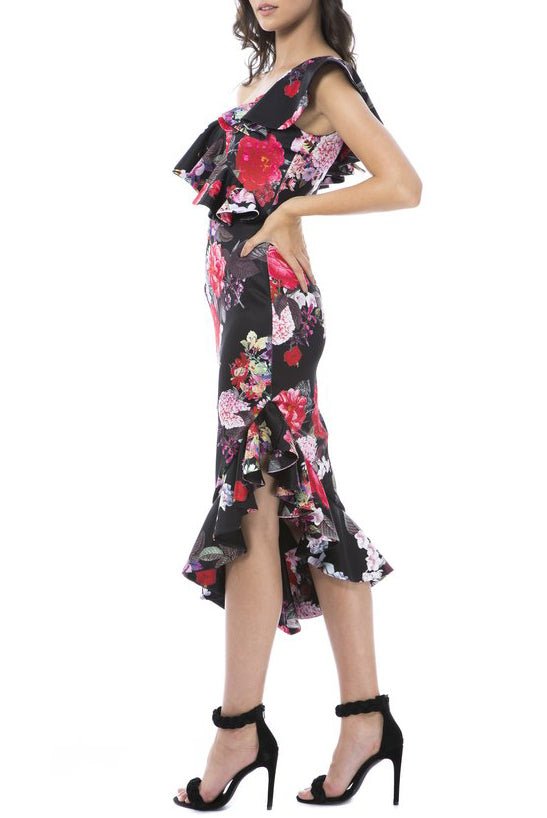 Alessandra Midi Dress - Black Floral