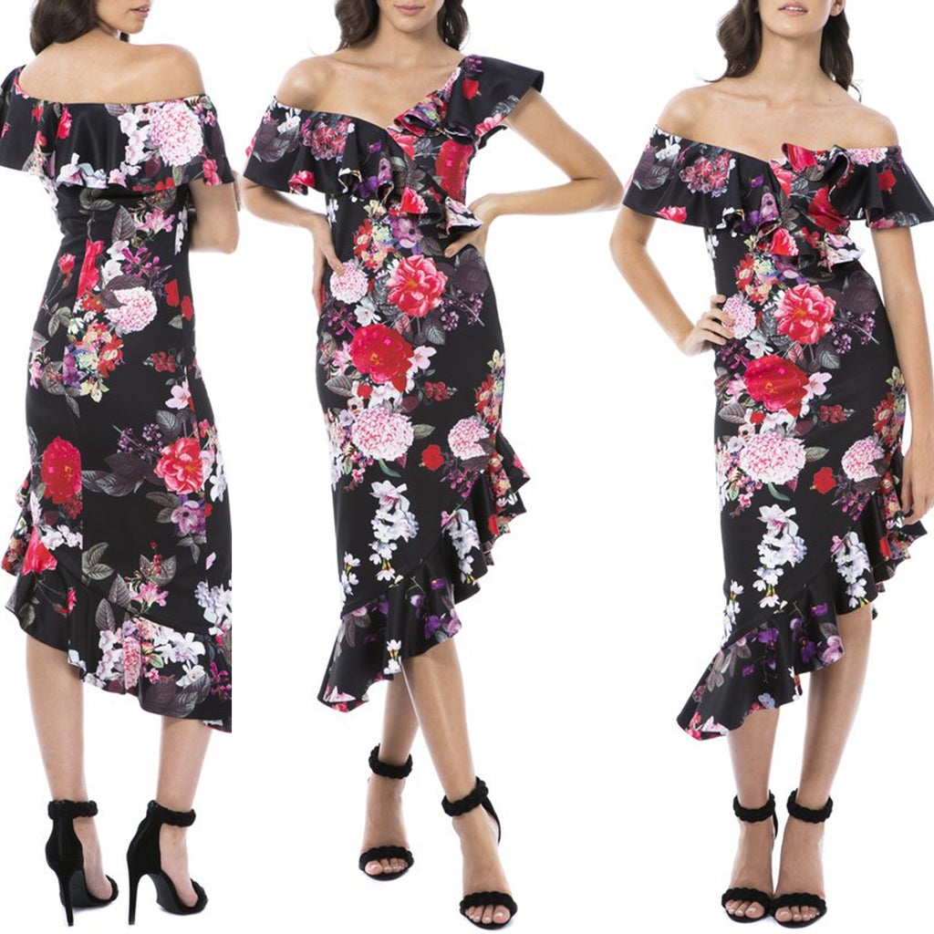 Alessandra Midi Dress - Black Floral