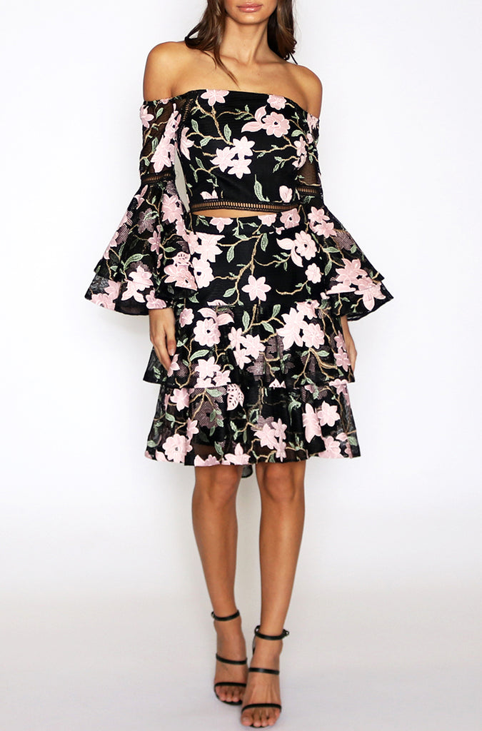 Addison Ruffle Skirt - Black Floral