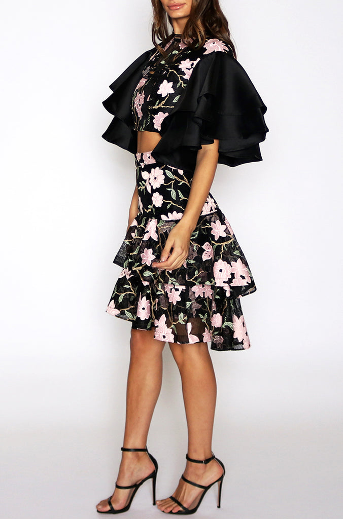 Addison Ruffle Skirt - Black Floral