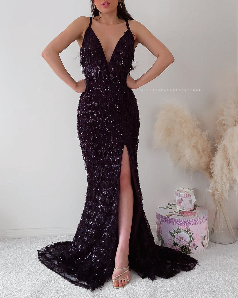 Black Swing Sequin Gown  Stretch Sequin Evening Gown  Bombshell London