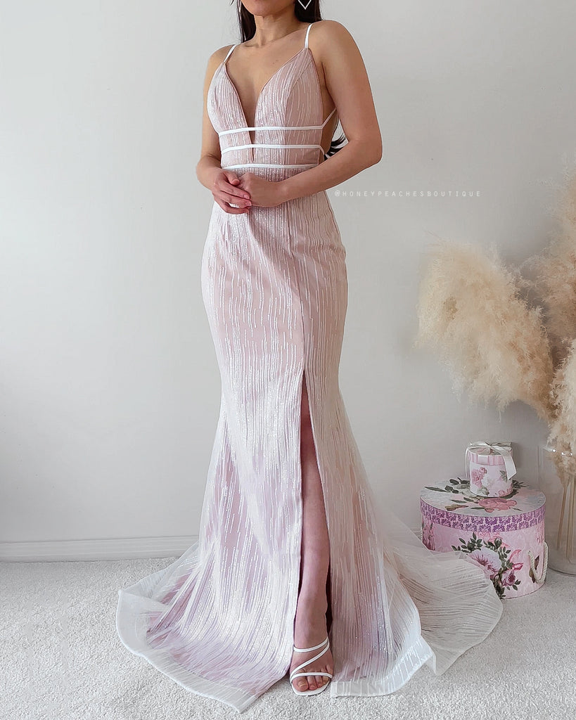 Nova Glitter Gown by Jadore - Crystal Dusty Pink