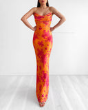 Christina Mesh Bodycon Maxi Dress - Orange/Hot Pink Floral