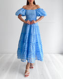 Marie Puff Sleeve Midi Dress - Blue Check