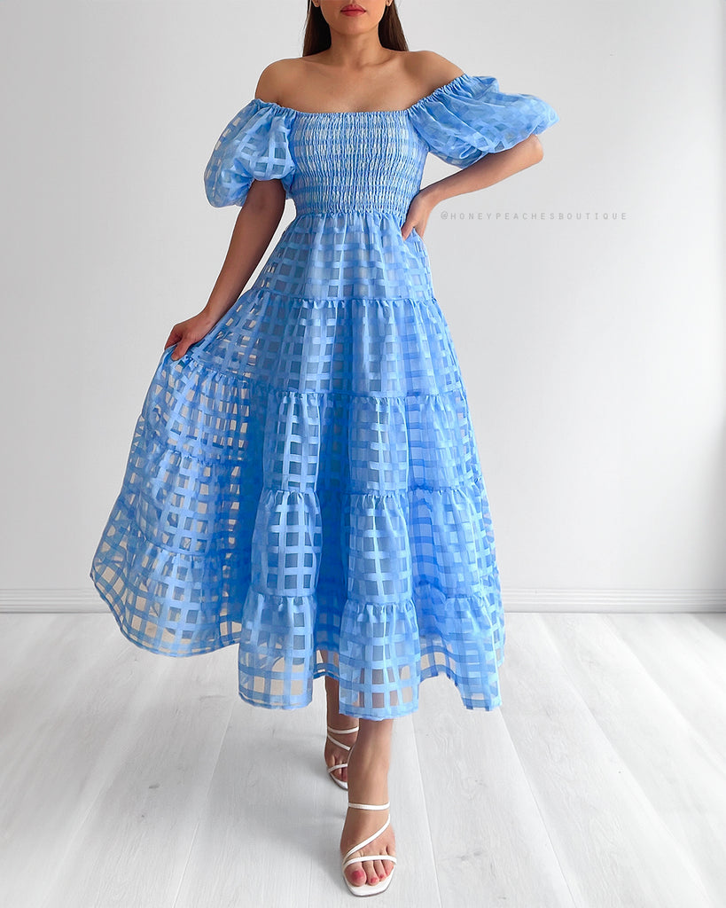 Marie Puff Sleeve Midi Dress - Blue Check