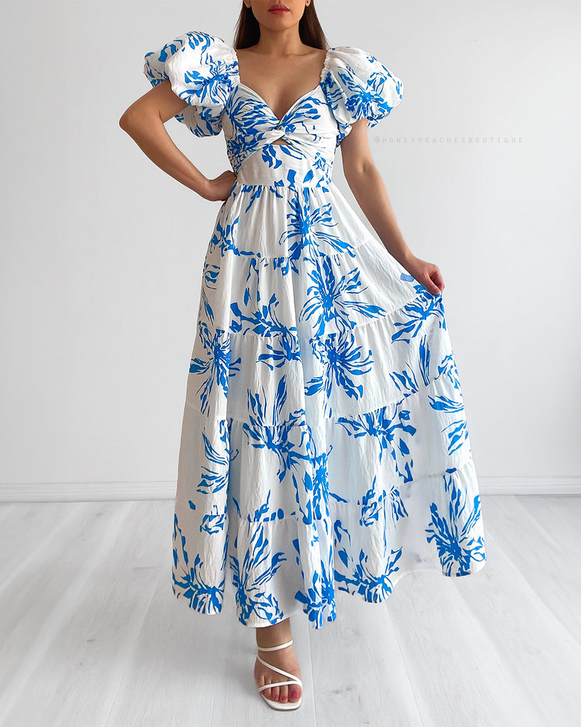 Kalina Puff Sleeve Midi Dress - White/Blue Floral