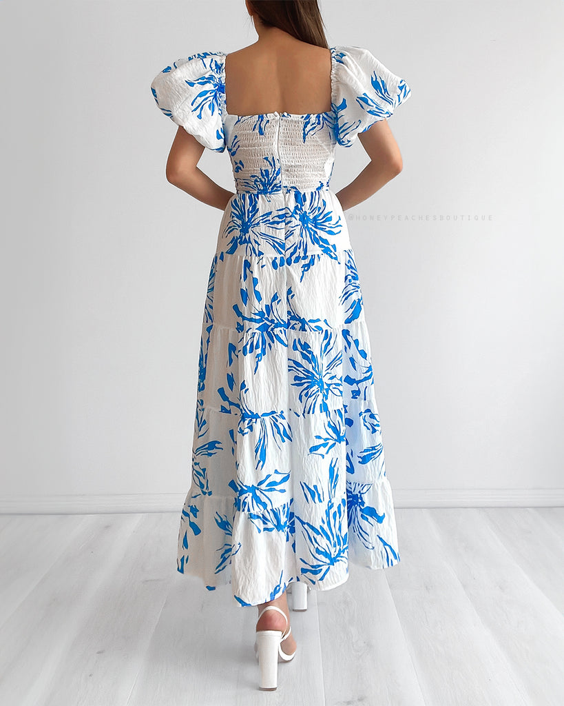 Kalina Puff Sleeve Midi Dress - White/Blue Floral