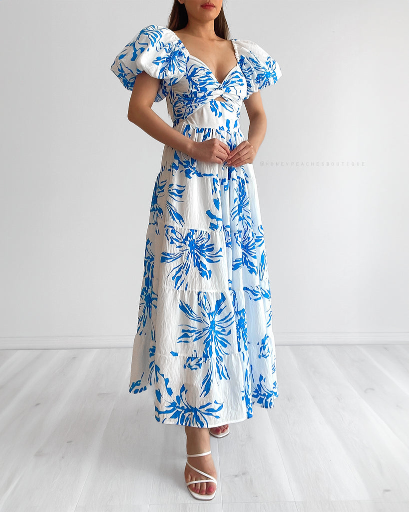 Kalina Puff Sleeve Midi Dress - White/Blue Floral