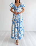 Kalina Puff Sleeve Midi Dress - White/Blue Floral