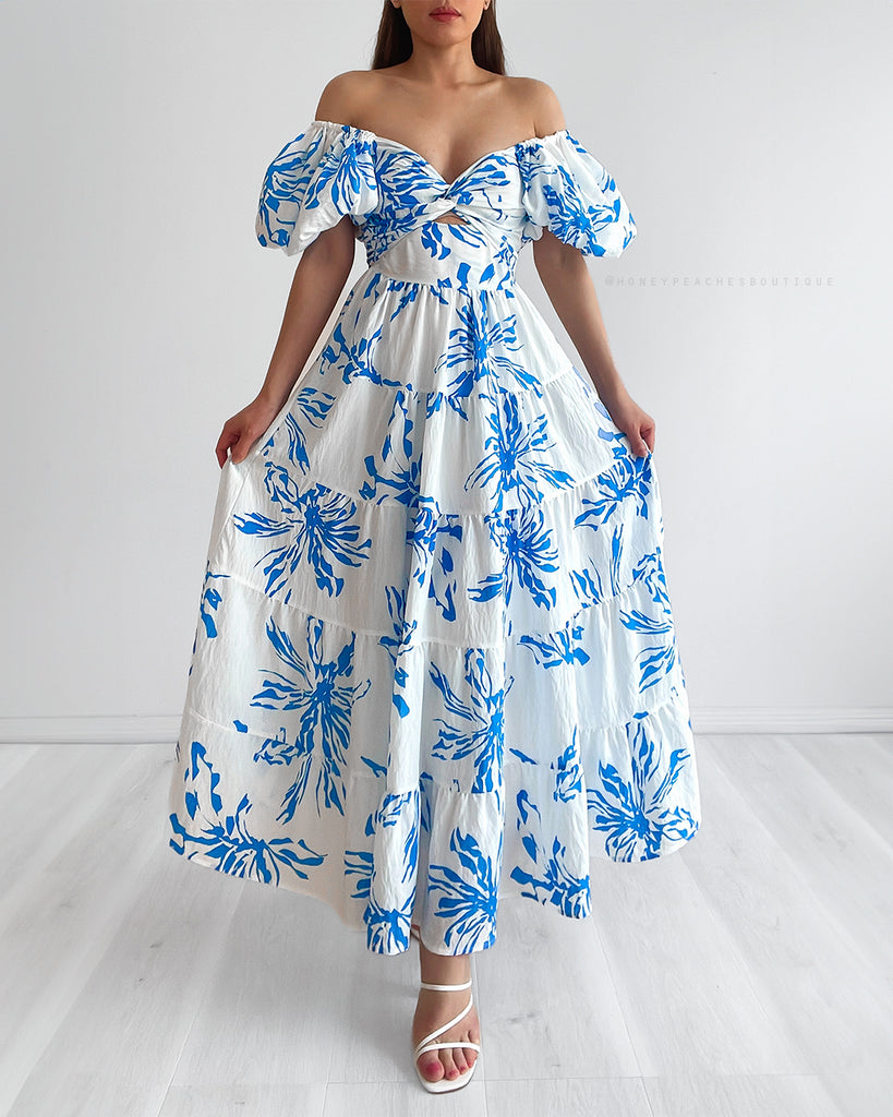 Kalina Puff Sleeve Midi Dress - White/Blue Floral