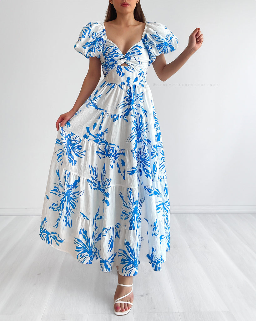 Kalina Puff Sleeve Midi Dress - White/Blue Floral