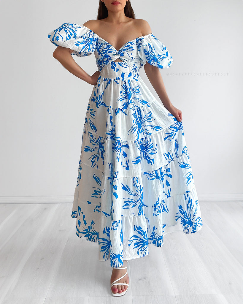 Kalina Puff Sleeve Midi Dress - White/Blue Floral