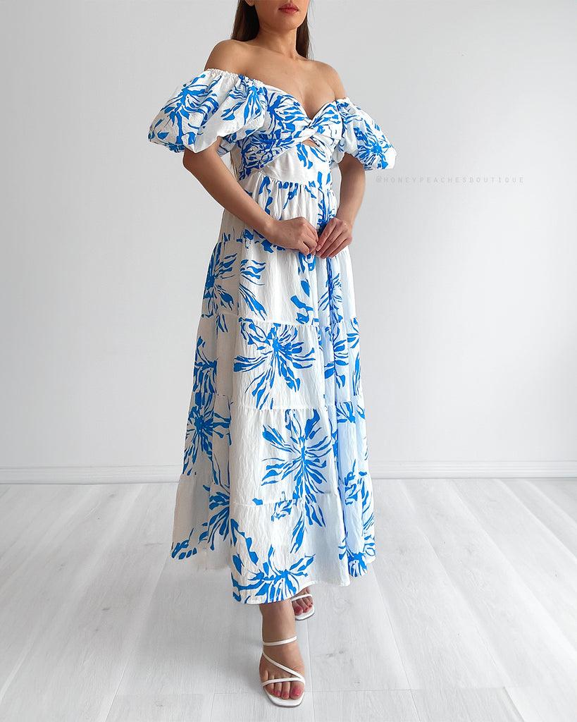 Kalina Puff Sleeve Midi Dress - White/Blue Floral