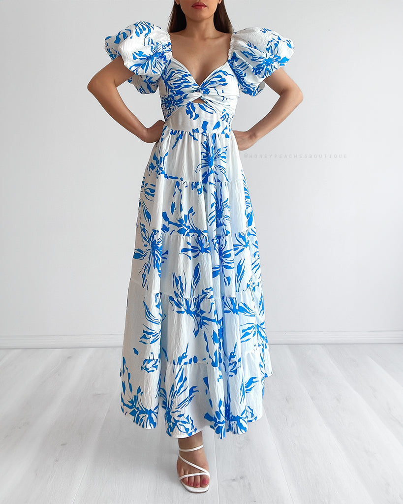 Kalina Puff Sleeve Midi Dress - White/Blue Floral