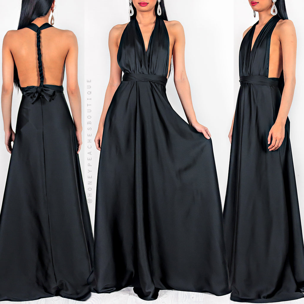 Amore Multi Way Maxi Dress - Black Satin