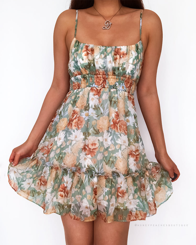 Lucy Babydoll Mini Dress - Mint Floral Print