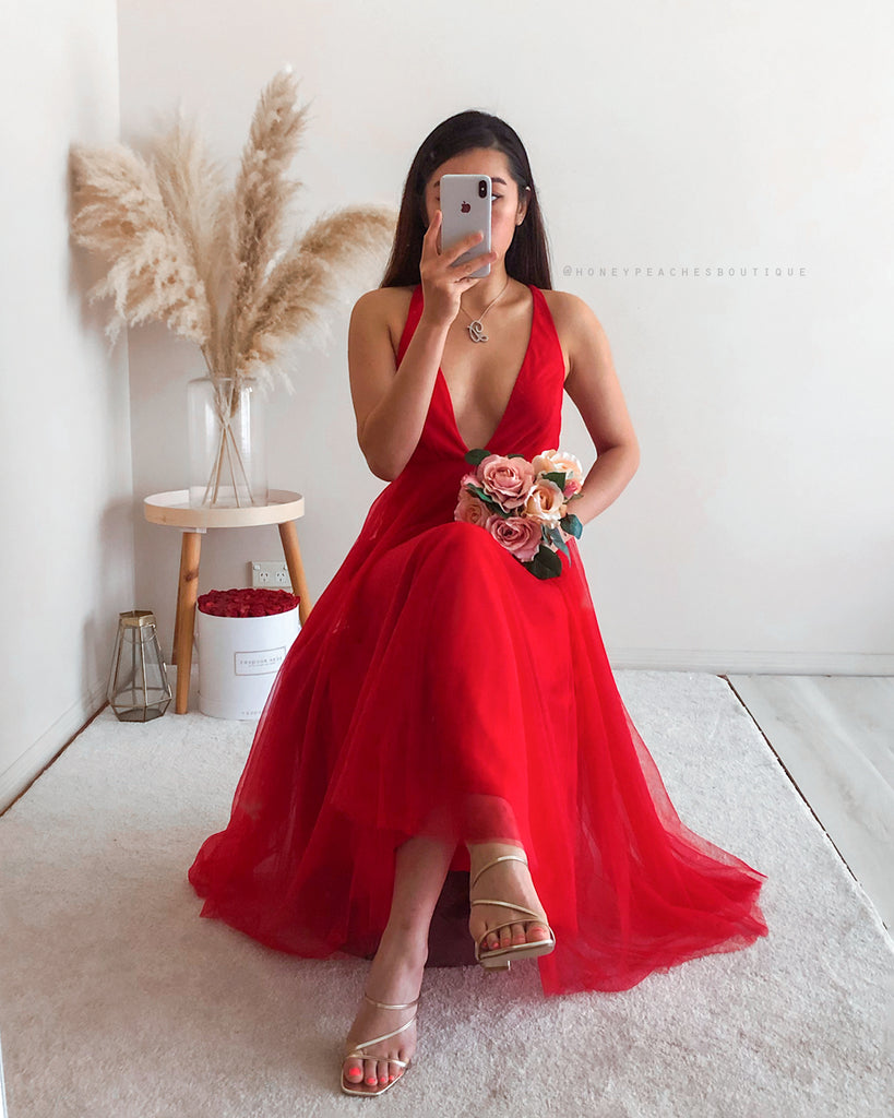 Dior Tulle Midi Dress - Red