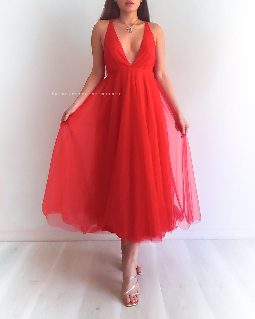 Dior Tulle Midi Dress - Red