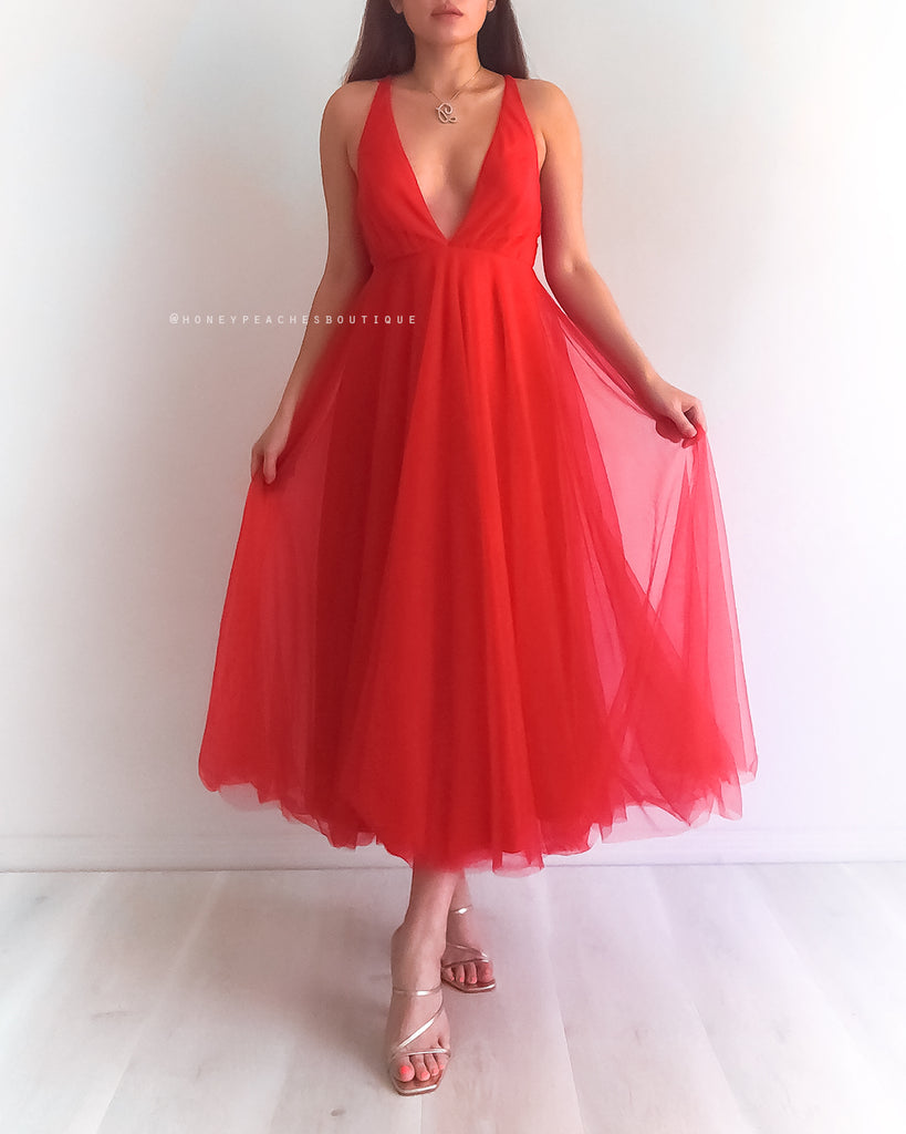 Dior Tulle Midi Dress - Red