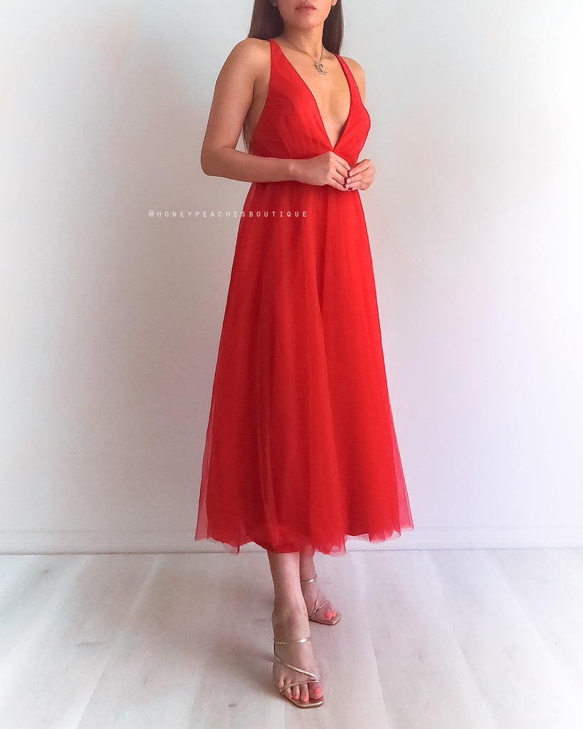 Dior Tulle Midi Dress - Red