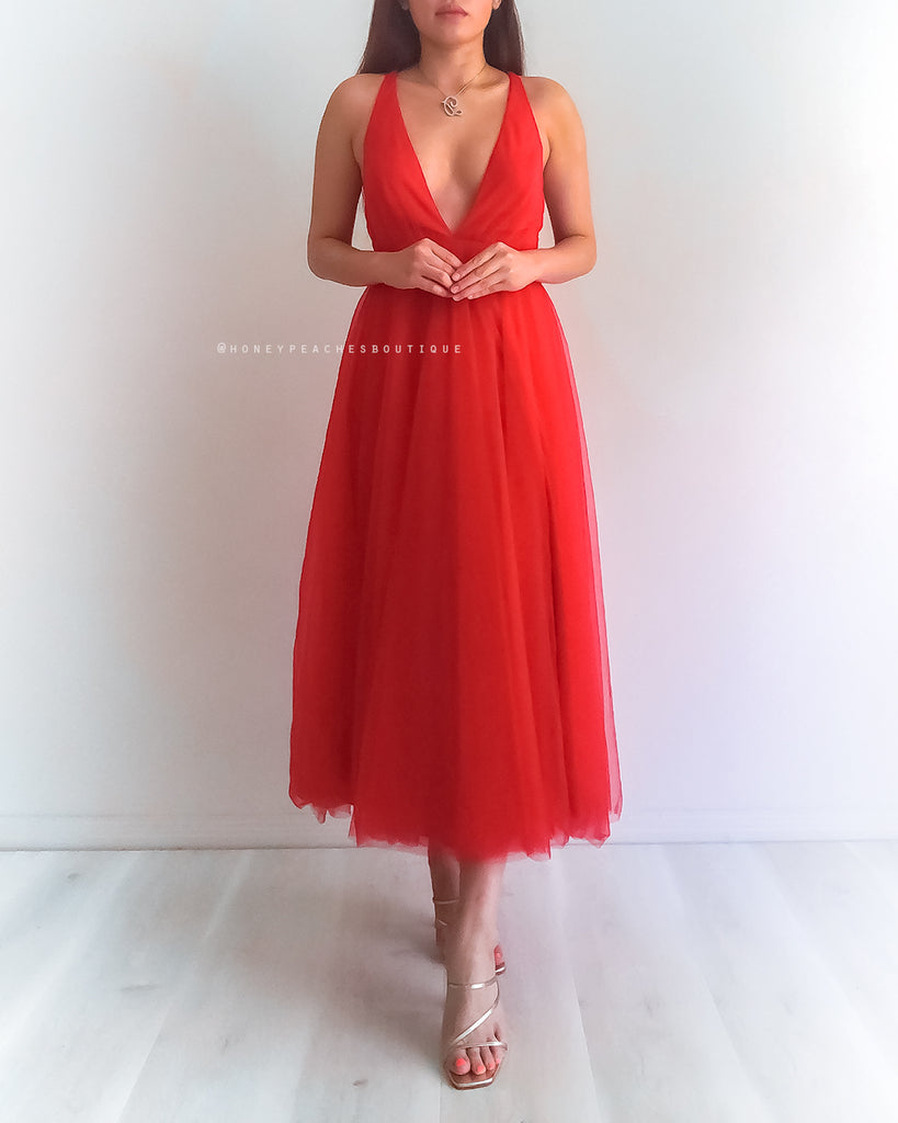 Dior Tulle Midi Dress - Red