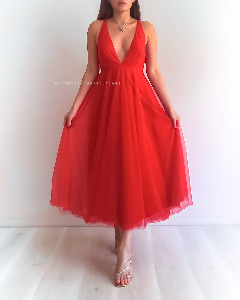 Dior Tulle Midi Dress - Red