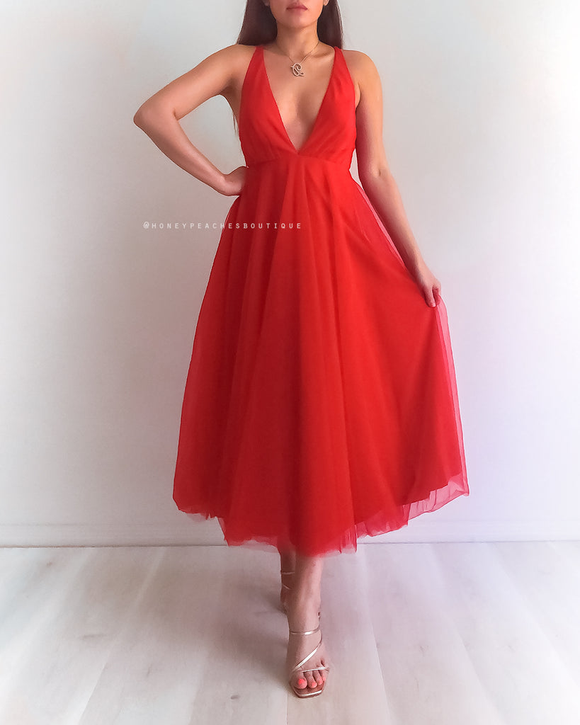 Dior Tulle Midi Dress - Red